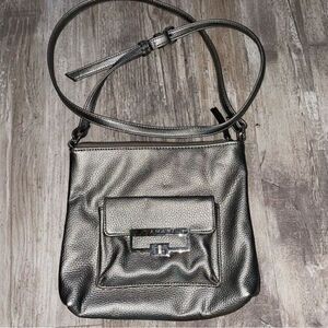 Tahari leather pewter metallic cross body bag